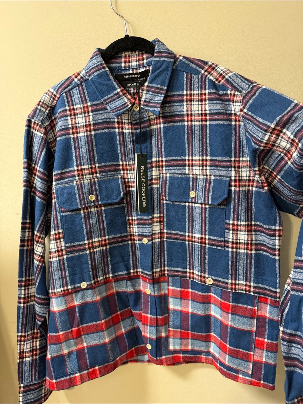 Reese Cooper Men’s Blue Plaid Button-Down Shirt with Red & White Accents Size XL